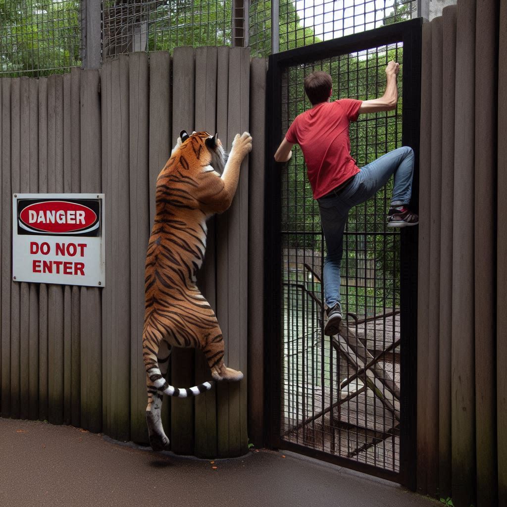 A man jumps the fence into a tiger enclosure...