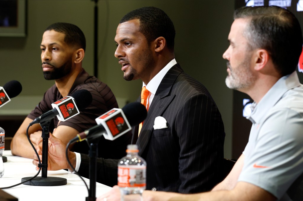 Deshaun Watson at his Browns introductory press conference on March 25, 2022.